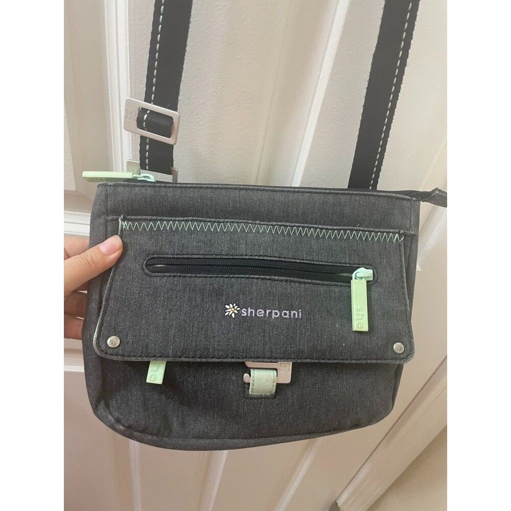 Sherpani Crossbody Purse Bag Zooma Gray Black Mint Green Accents Canvas